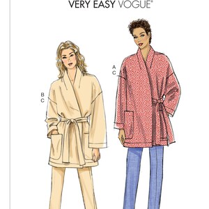 May include: Two fashion illustrations of women wearing two different styles of a long, belted, wrap coat. The coat on the left is a light beige colour and the coat on the right is a red and white patterned design. The text "VERY EASY VOGUE" is at the top of the image and the text "V9334" is at the bottom of the image.