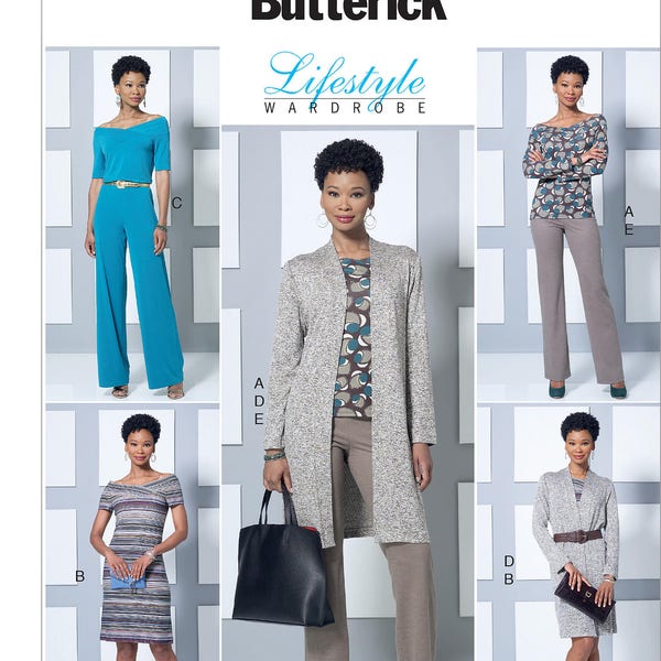 Sewing Pattern Womens' Knit Off-the-Shoulder Top, Dress, Jumpsuit, Jacket, & Pull-On Pants, Butterick Pattern B6495, Wardrobe, Plus Sizes