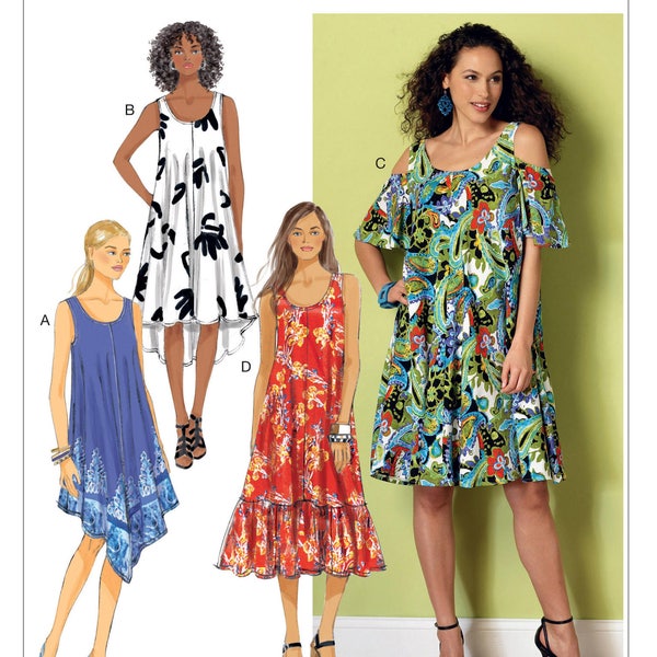 Sewing Pattern for Misses'/ Women's Sleeveless and Cold-Shoulder Tent Dresses,  Butterick Pattern B6350, Loose Fit Dress, Shaped Hems