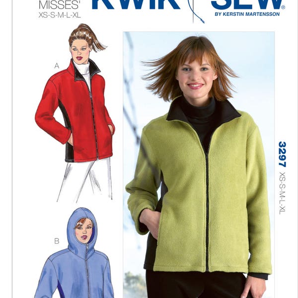 Sewing Pattern Misses' Zip-Front Jackets, Kwik Sew Pattern K3297, Fleece Zip-Up Jacket, Hood Optional, Side Seam Pockets, Activewear Jacket