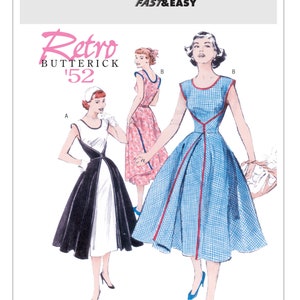 May include: Butterick sewing pattern B4790, featuring retro dresses from the '50s. The image showcases three dress designs: a black and white dress, a pink floral dress, and a blue gingham dress with red trim. The pattern is labeled "Fast & Easy."