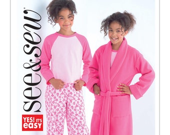 Sewing Pattern for Girls Sleepwear, Girls' Patch Pocket Robe, Raglan Sleeve Top and Pants, Butterick SEE & SEW Pattern B4322,  New Pattern