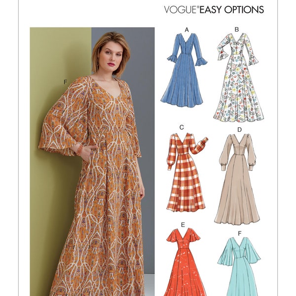 Sewing Pattern for Womens Dress, Vogue Pattern V9328, Custom Fit Pattern, Easy Options, V Neck Dress, Back Cutout, Maxi - Midi, More Options