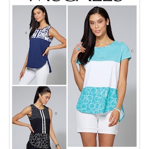 May include: McCall's sewing pattern featuring three different women's tops. The tops include a navy blue sleeveless top with white floral accents, a black and white polka dot top, and a white, blue, and turquoise color block top. The pattern number is M7600.