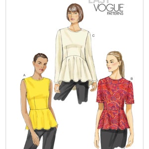 May include: A sewing pattern for a women's blouse with three different sleeve options: sleeveless, short sleeve, and long sleeve. The blouse has a fitted bodice and a gathered peplum.