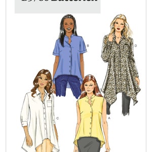 May include: A sewing pattern for four different styles of tops. The pattern is called "B5786 Butterick". The tops are shown in blue, white, yellow, and brown with leopard print.