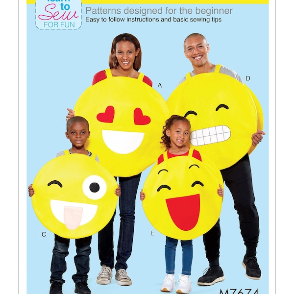 Sewing Pattern for Adult & Children's Emoji Costumes, McCalls Pattern M7674, Halloween, Matching Family Costumes, His n Hers Costumes