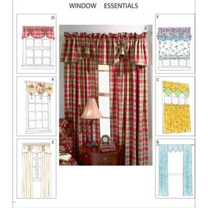 May include: McCall's Home Decorating Window Essentials pattern guide with illustrations of different window treatments, including valances, curtains, and swags.  The illustrations show various colours and patterns, such as red plaid, floral, and blue.