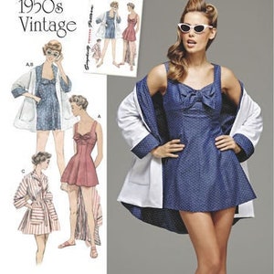 May include: Simplicity sewing pattern number 8139 for a 1950s vintage swimsuit with a matching robe. The pattern includes three different styles: a halter-style swimsuit with a bow, a one-piece swimsuit with a sweetheart neckline, and a robe with a tie belt.