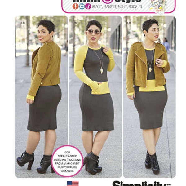 Sewing Pattern for Misses' Lined Jacket and Knit Dress from Mimi G Style, Simplicity Pattern 8174, Plus Sizes, Knit Dress, Moto Jacket