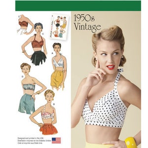 May include: Simplicity 1426 vintage sewing pattern. The image features a woman wearing a white halter top with black polka dots and a yellow skirt. The pattern includes illustrations of 1950s-style tops and skirts. The text "1950s Vintage" is visible.