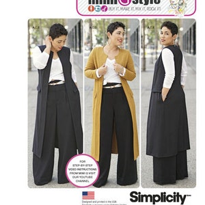May include: A sewing pattern for a long vest and wide-legged pants. The pattern is from Mimi G Style and is Simplicity pattern number 8177. The pattern includes step-by-step video instructions available on the Simplicity YouTube channel.