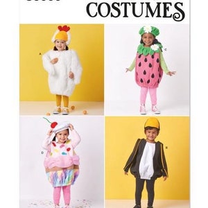May include: Simplicity Costumes pattern S3060 featuring four children's costume designs: a white chicken, a pink strawberry with green leaves, a cupcake with a cherry topper, and a black and white penguin. The pattern includes easy-to-sew instructions.