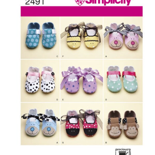 Sewing Pattern for Baby Booties, Simplicity S2491, Make Baby Shoes, Ladybug Shoes, Bear Shoes, Monkey Shoes, Boy & Girl Shoes Sewing Pattern