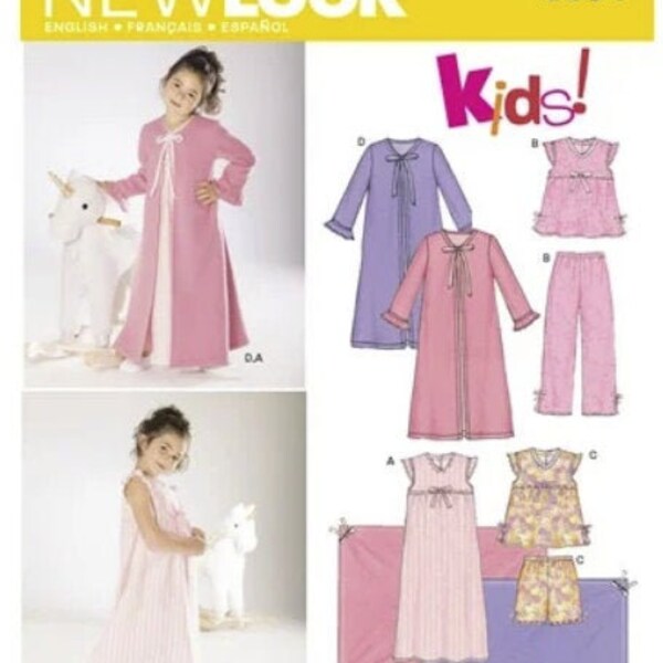 Sewing Pattern for Girls Sleepwear, New Look Pattern 6334, New Pattern, Girls Pajamas, NightGown & Robe, Childs Loungewear, Childs Blanket
