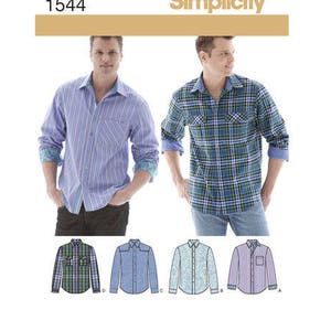 May include: Simplicity 1544 sewing pattern for long-sleeve button-down shirts. The pattern includes designs for a striped shirt with patterned cuffs and a plaid shirt with two chest pockets. Technical illustrations show four variations of the shirt.