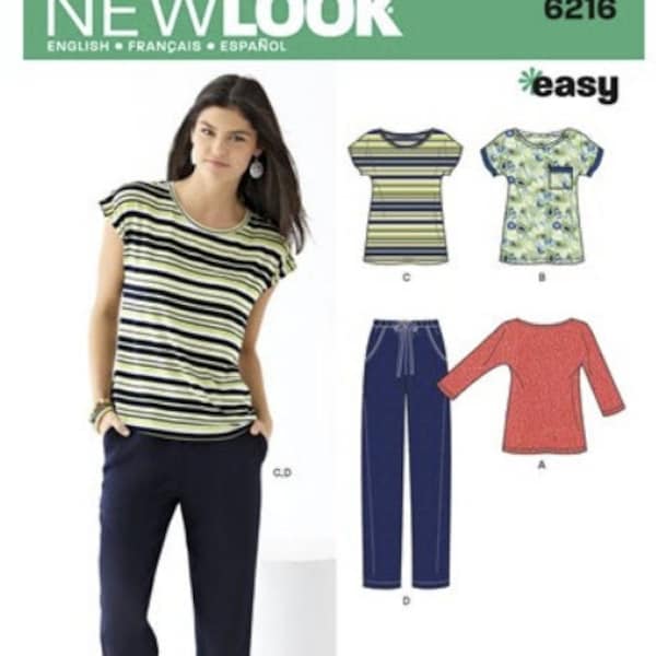 Sewing Pattern for Womens Knit Tops and Pants, New Look Pattern N6216, New Pattern, Misses' T-Shirts Tops & Drawstring Knit Pants, Easy Sew