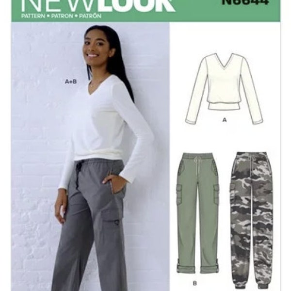 Sewing Pattern for Womens Cargo Pants w/ Knit Top, New Look N6644, New Pattern, Stretch Knit Top & Pants in Woven Fabrics, Sizes 8 to 20