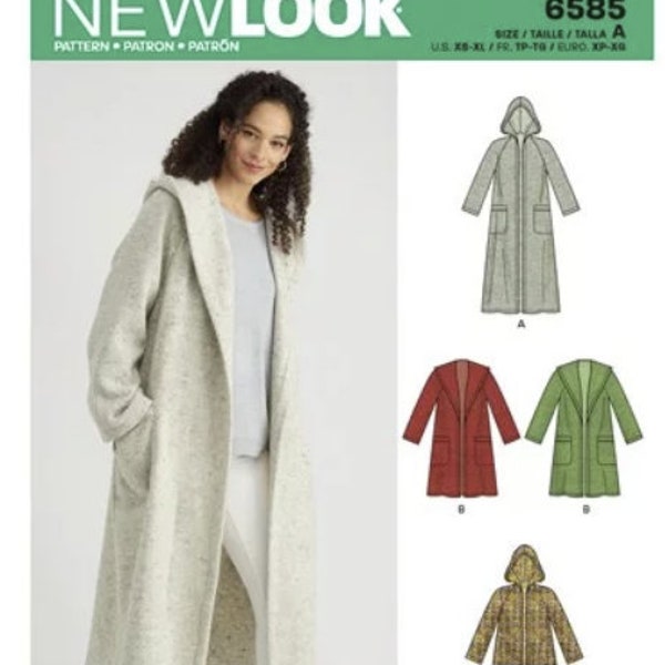 Sewing Pattern for Womens Coat with Hood, New Look N6585, New Pattern, Open Front Coats to Sew in Fleece or Wool Fabrics, Sizes 6 to 24