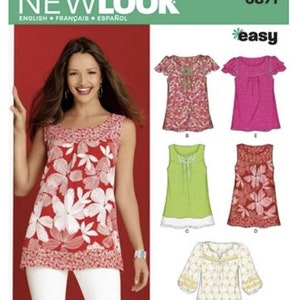 May include: A sewing pattern for five different tops, with a model wearing one of the tops. The pattern is called "New Look" and the number is "6871 easy".