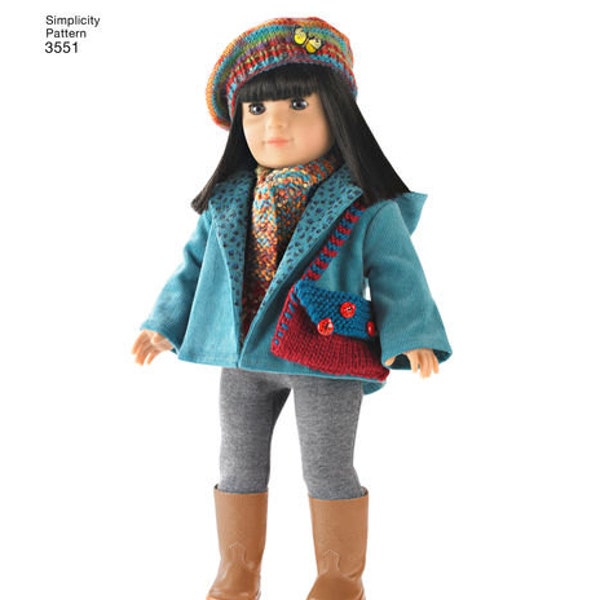 Sewing Pattern for 18" Doll Wardrobe , Simplicity Pattern 3551, Doll Clothes Pattern, Coats Jackets-American Girl Doll, Knit Crochet Pattern