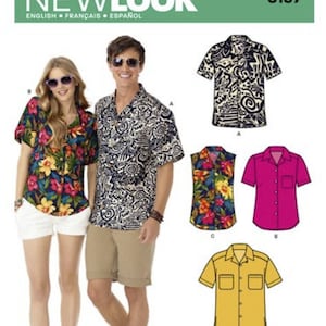 May include: A New Look sewing pattern featuring a man and woman wearing Hawaiian shirts. The shirts have floral and abstract patterns. Additional shirt designs are shown in yellow, pink, and black and white.