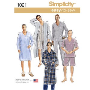 May include: A sewing pattern for men's sleepwear. The pattern includes four different styles: a long-sleeved nightshirt, a short-sleeved nightshirt, a robe, and pajamas. The pattern is from Simplicity and is easy to sew.