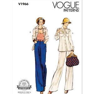May include: Vogue Patterns sewing pattern, a reissue of a 1975 design, showing two women's outfits. The first outfit is a white shirt with long sleeves and wide-leg trousers. The second outfit is a striped top with a blue jacket and wide-leg trousers.
