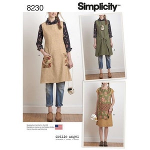 May include: Simplicity pattern 8230 by Dottie Angel provides sewing instructions for sleeveless tunics or aprons. View A depicts a tan tunic with floral pockets worn over a dark floral shirt and jeans. View B shows a green floral tunic over a yellow skirt.