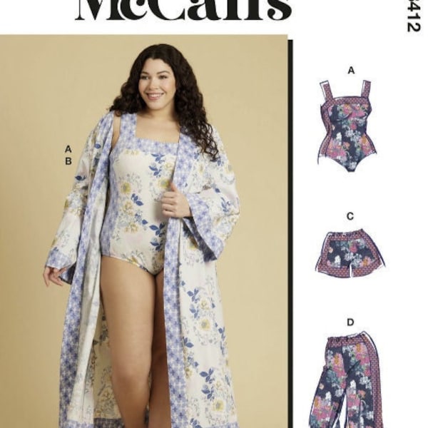 Sewing Pattern for Womens PLUS SIZE Bodysuit, Robe, Shorts, Pants, McCalls M8412, Bridal Party, Womens Lounge wear, NEW, Easy Sew, Sleepwear