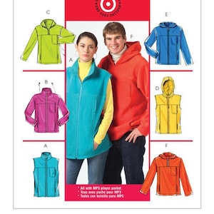 May include: A sewing pattern for six different styles of jackets and vests. The pattern includes a green, pink, blue, yellow, and orange jacket, as well as a blue vest. All with MP3 player pocket. Tous avec poche pour MP3. Todos con bolsillo para MP3.