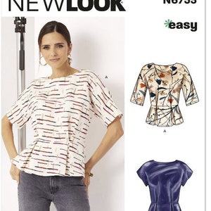 May include: A woman wearing a cream-colored top with horizontal stripes in red, brown, and black. The top has a peplum waist and short sleeves. The image also shows two illustrations of tops, one floral and one solid navy blue, and the text "NEW LOOK" and "easy".
