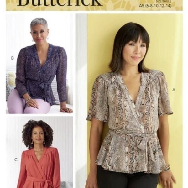 Sewing Pattern for Womens Tops, Butterick Pattern B6828, New Pattern, Misses' Wrap Tops, Easy Sew, V Neck Wrap Tops W/ Tie