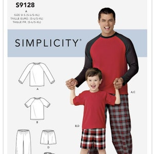 May include: Simplicity pattern S9128 for matching adult and child sleepwear. The adult wears a red and black raglan-sleeve shirt and plaid pants. The child wears a red t-shirt and plaid shorts. Easy-to-sew.