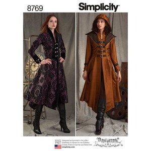 May include: Simplicity pattern 8769 features two long coats. One coat is purple with a black floral pattern and black trim. The other coat is brown with a hood and buckle details. The pattern is designed and printed in the USA.