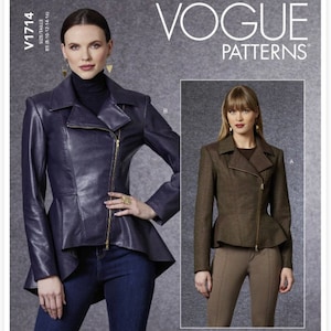 May include: Vogue Patterns sewing pattern for a jacket with a peplum hem. The pattern includes two versions: a black leather jacket and a brown tweed jacket. The pattern number is V1714.
