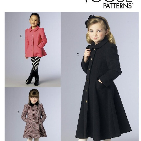 Sewing Pattern Children's and Girls'  Jacket and Coats, Vogue Pattern V1856, Girls Coats in sizes 2 to 8