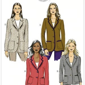 May include: A sewing pattern for a blazer with four different variations. The pattern is from Butterick and has the number B5926 on it. The pattern shows four different styles of blazers, one in a gray and white tweed, one in a brown tweed, one in a red tweed, and one in a black and white striped tweed.