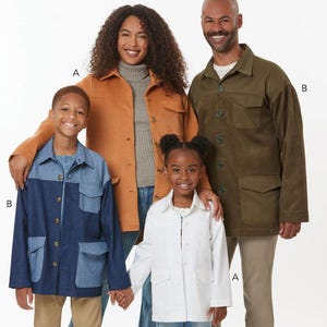 May include: A sewing pattern for a jacket, featuring a family of four wearing different styles of jackets. The pattern number is B7016. The text "Designed and printed in USA." is at the bottom of the image.