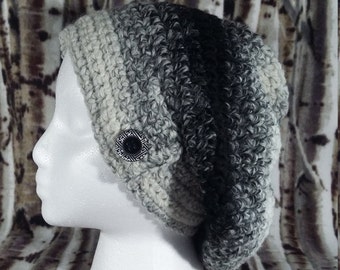 Slouchy Hat, Gift for Her, Trendy Style, Handmade Crochet, Black White, 80 Acrylic/20 Wool Blend, Beanie Slouch Hat, Ready to Ship