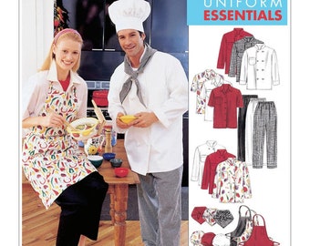May include: McCall's Uniform Essentials sewing pattern featuring a chef's jacket, pants, apron, and chef's hat. The pattern includes various designs for the chef's jacket, pants, and apron.