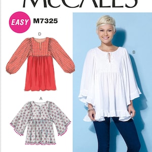 May include: McCall's M7325 sewing pattern featuring various blouse designs. The image shows a woman wearing a white blouse and illustrations of other blouse styles in red, pink, and yellow. The word "EASY" is in a pink circle.