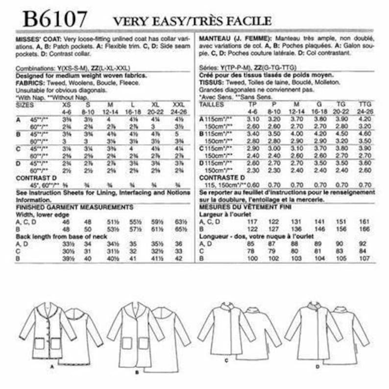 May include: Sewing pattern for a loose-fitting coat with various collar options. The pattern includes size charts in inches and centimeters, and diagrams of the coat styles. The pattern is labeled "B6107 Very Easy/Tr&egrave;s Facile".