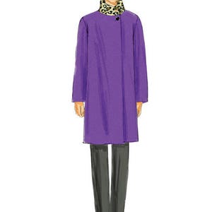 May include: A purple long-sleeved coat with a leopard print collar. The coat is buttoned at the neck and has a straight silhouette.