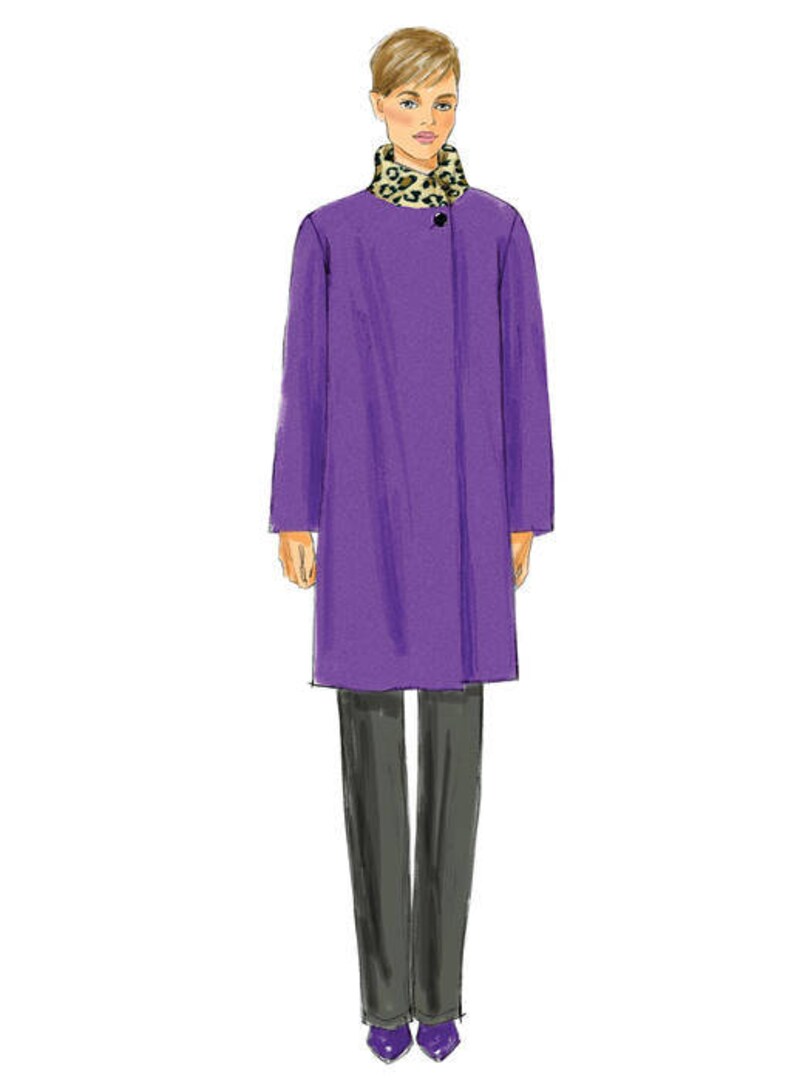 May include: A purple long-sleeved coat with a leopard print collar. The coat is buttoned at the neck and has a straight silhouette.