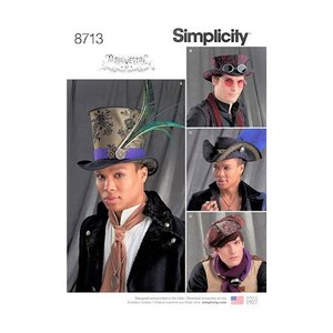 May include: Simplicity sewing pattern number 8713 for making four different hats. The hats are a tall top hat with a feather, a fedora with a band, a newsboy cap, and a steampunk-style hat with goggles. The pattern includes instructions and diagrams for making each hat.
