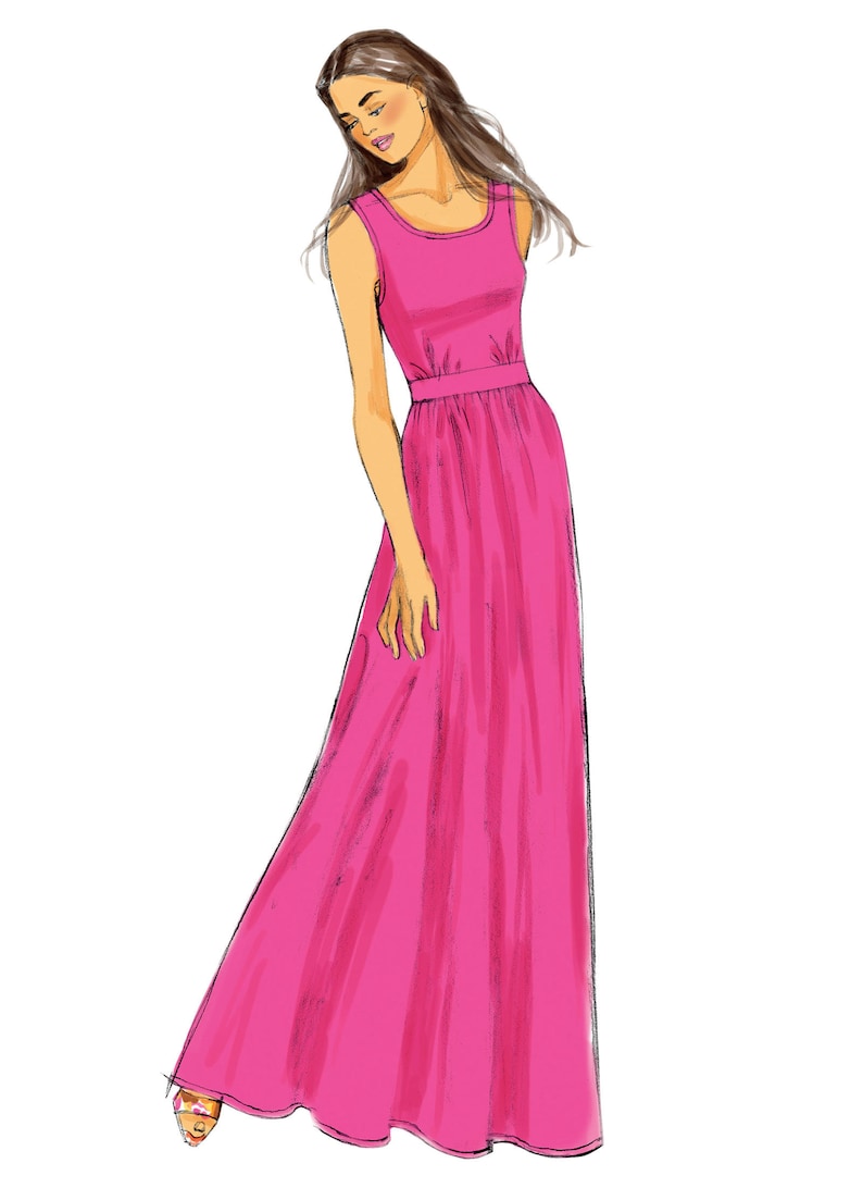 May include: A sleeveless maxi dress in a bright pink color. The dress has a fitted bodice and a flowing skirt.