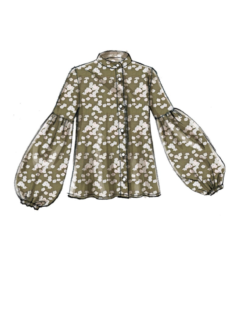 May include: A green blouse with a white floral print and long, puffed sleeves. The blouse has a button-up front and a high collar.