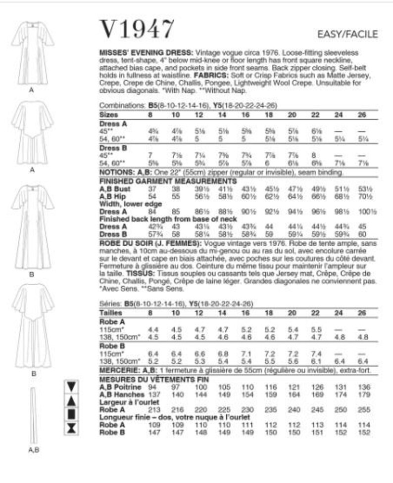 V1947 Pattern Sewing Pattern for Womens Evening DRESS, Circa 1976, Vogue Pattern ...