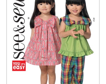 Sewing Pattern for Toddler Girls Dress, Top and Pants, Butterick SEE & SEW Pattern B6434, Toddlers Bow-Detail Top, Dress, and Pull-On Pants